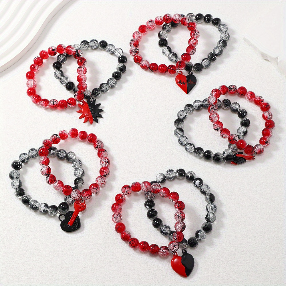 

Gothic Magnetic Couple Bracelets, Red And Black Glass Beads Vintage Sexy Style, Round Bead Stretch Bracelets With Heart Pendants