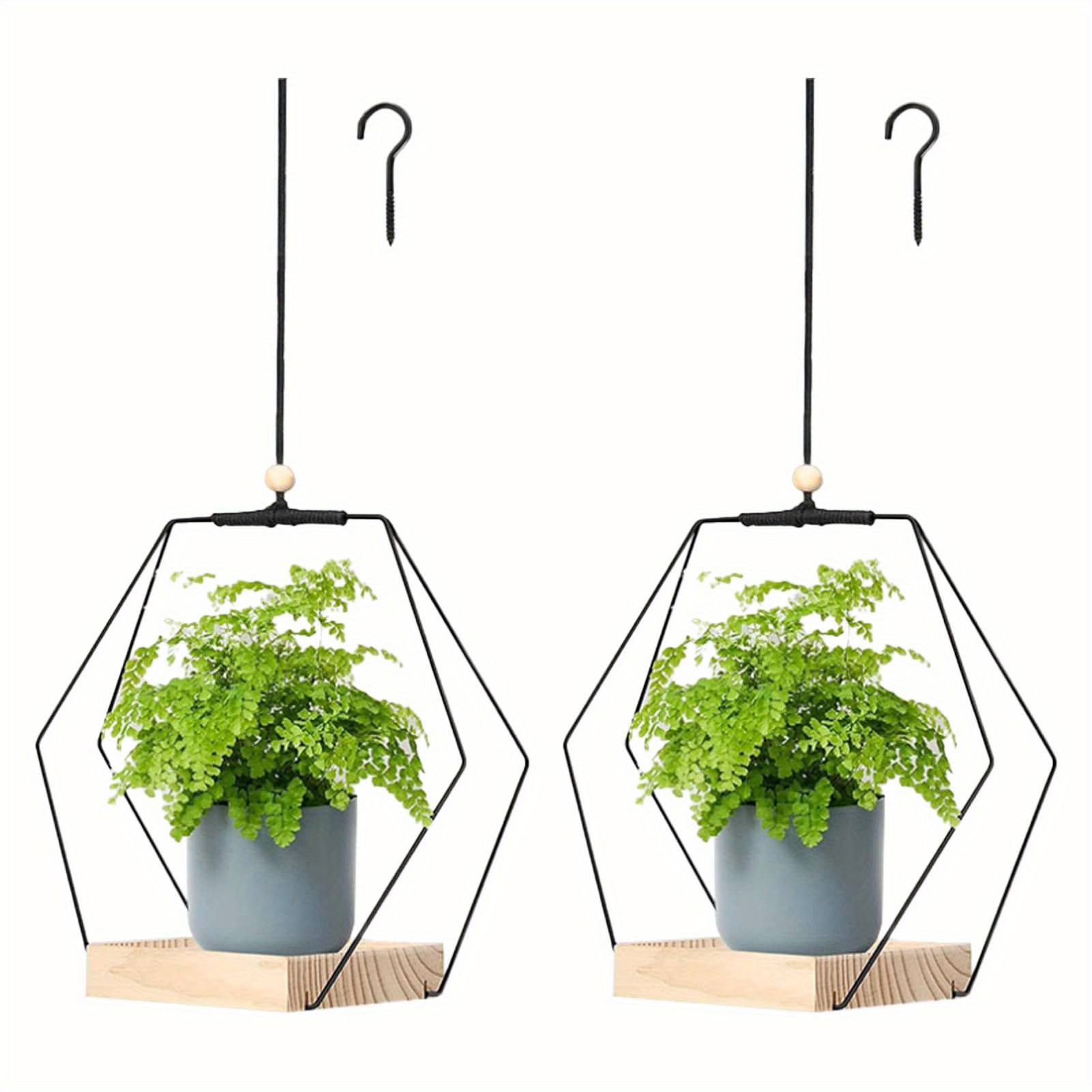 Image of 1/2pcs Bohemian Macrame Plant Hanger With Elegant Wooden Base - Stylish Black Hanging Plant Holder For Home Decor - Versatile Wall/window Decorative Display (pot & Plant )