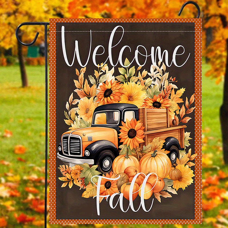 

Welcome Fall Garden Flag Double-sided Burlap Linen Polyester Truck & Pumpkins Harvest Theme House Banner Multipurpose Weatherproof 12x18inch