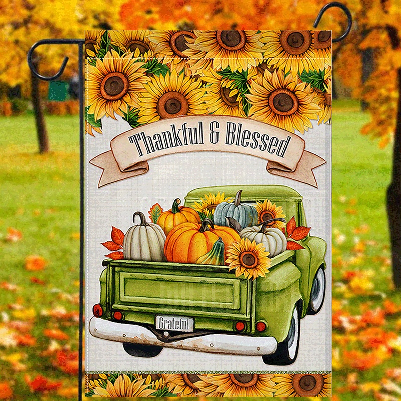 

1pc, Thankful Blessed Garden Flag, Fall Harvest Farmhouse Flag, Truck Sunflower Teal Pumpkins Print House Flag, Double Sided Waterproof Burlap Flag 12x18inch