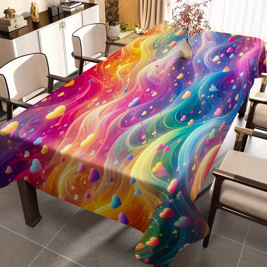 

1pc/ Festival Party Creative Rainbow Heart Tablecloth Supplies Party Decoration Tablecloth For Gatherings, Table Mats, Coffee Table Cloth, Tabletop Protection Pads.