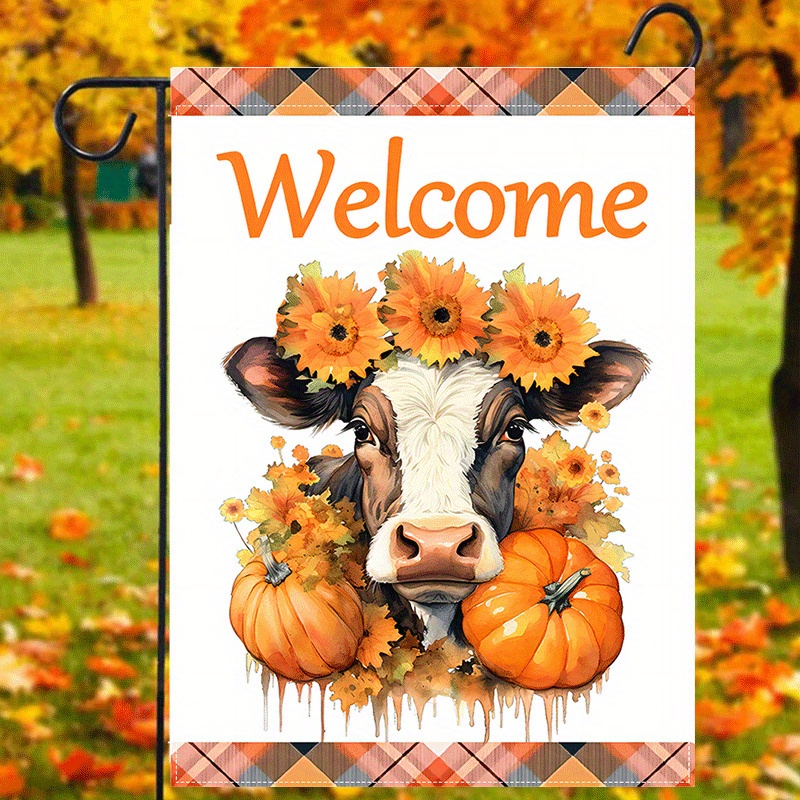 

1pc, Fall Cow Welcome Garden Flag, Cow Pumpkins Sunflower Print Farmhouse Flag, Autumn Farm Decor Fall Decor Double Sided Waterproof Burlap Flag 12x18inch