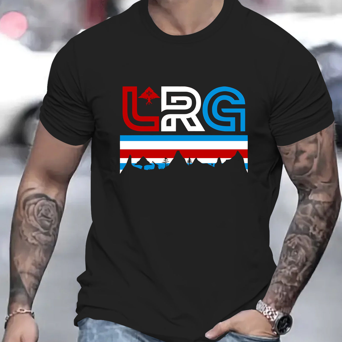 

Lrg Print, Men's Round Crew Neck Short Sleeve, Simple Style Tee Fashion Regular Fit T-shirt, Casual Comfy Breathable Top For Spring Summer Holiday Leisure Vacation Men's Clothing As Gift