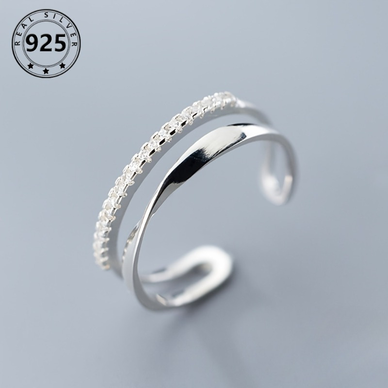 

S925 Sterling Silver Cuff Ring Double Layer Design Inlaid Shining Zirconia Symbol Of Simplicity And Fashion High Quality Adjustable Ring 2.2g= 0.078oz