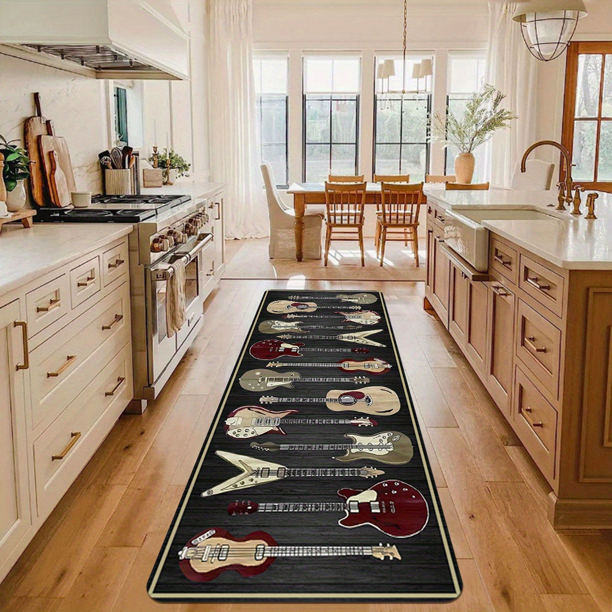 

1pc Long-hair Flannel Guitar Print Kitchen Area Rug, Non-slip Stain Resistant Soft Polyester Mat For Indoor Outdoor Entrance, Quick Drying Laundry Room Restroom Floor Mats