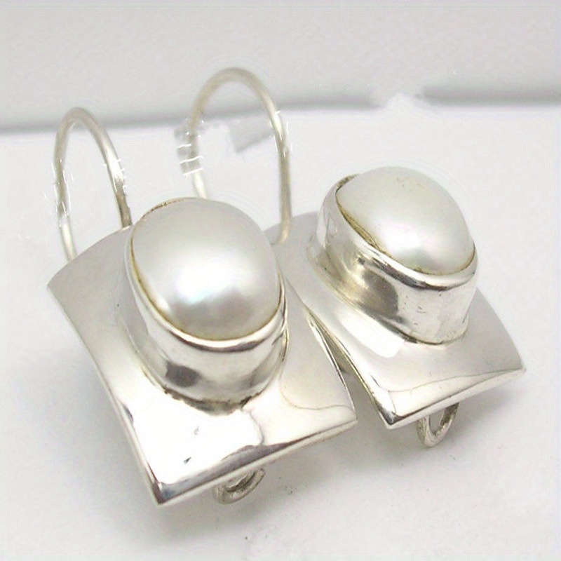 TEMU Pair Of Silvery Shiny Rectangular Shape With Synthetic Synthetic Gems Decorative Dangle Earrings Vintage Minimalist Style Fashionable Girls' Jewelry Anniversary And Birthday Gifts Party