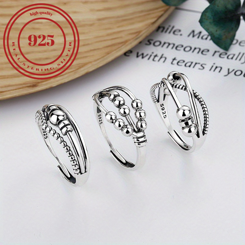 

S925 High Quality Sterling Silver Fidget Ring With Spinning Beads And Intertwine Design - Perfect For Daily Outfits And Parties - Adjustable 3.7g/0.13oz