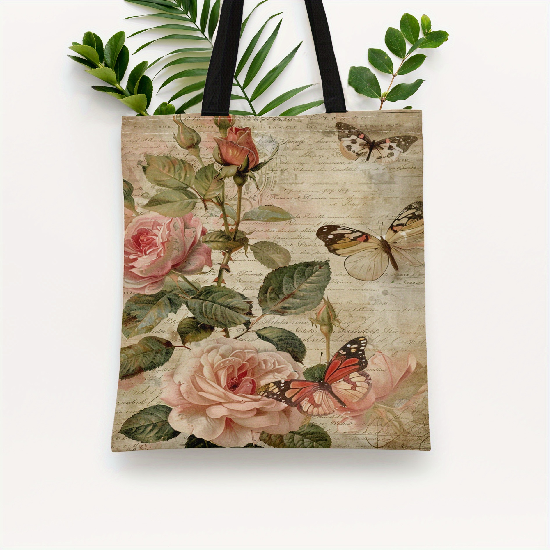 

1pc The Rose And The Butterfly Pattern Canvas Tote Bag, Lightweight Grocery Shopping Bag, Casual Canvas Shoulder Bag For School, Travel