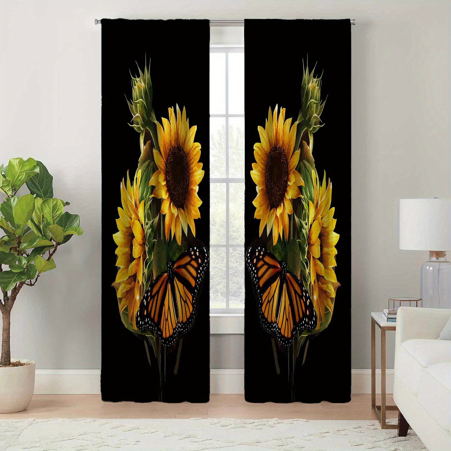 

Boho Pastoral Polyester Doorway Curtains For Living Room - Sunflower And Butterfly Print, Machine Washable, Easy To Hang, With Tie Backs Included - Tufted, Durable, And Seasonal Charm