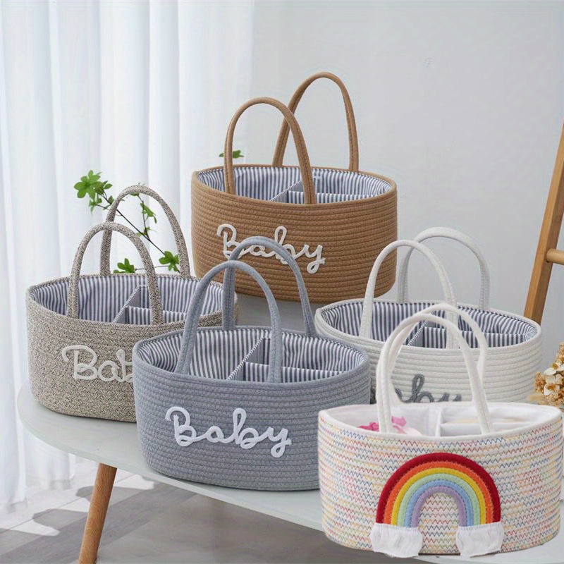 

1pc Woven Cotton Rope Diaper Caddy Basket, With Letters & Removable Liner, Dual Compartment Storage Organizer