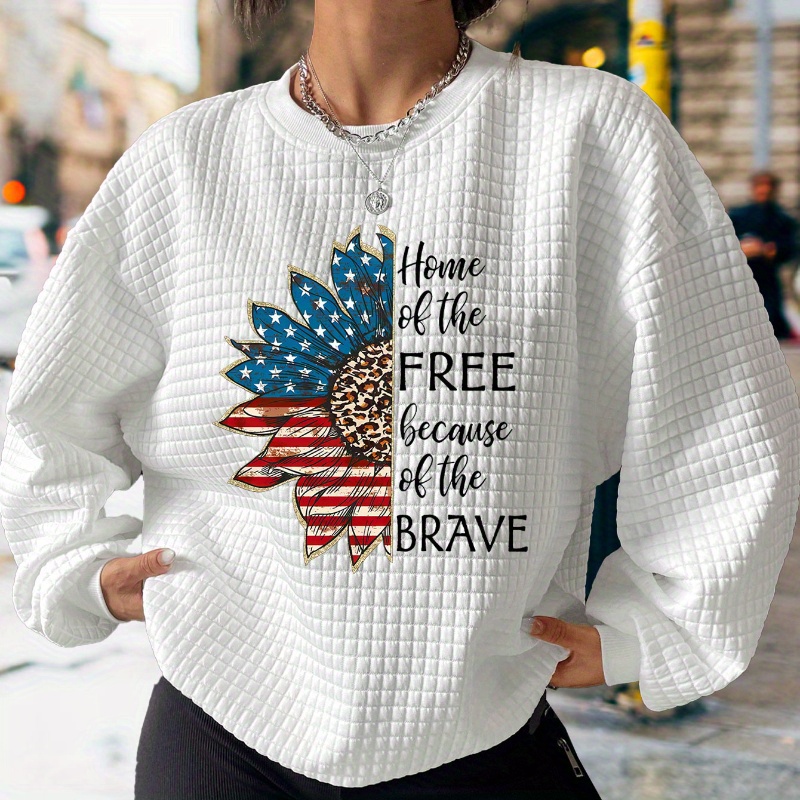 

Independence Day Letter Print Waffle Sweatshirt, Casual Long Sleeve Crew Neck Sweatshirt For Winter & Fall, Women's Clothing