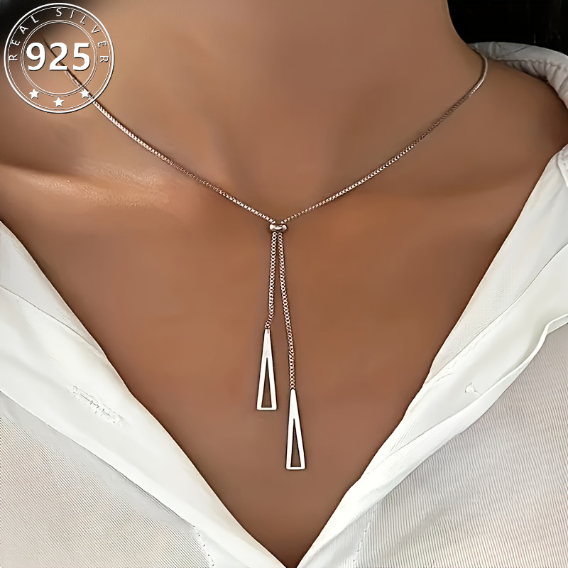 

S925 Sterling Sliver Geometric Pendant Lariat Necklace Elegant Style Hypoallergenic Y Shape Necklace Occasion Jewelry 2.1g/0.074oz