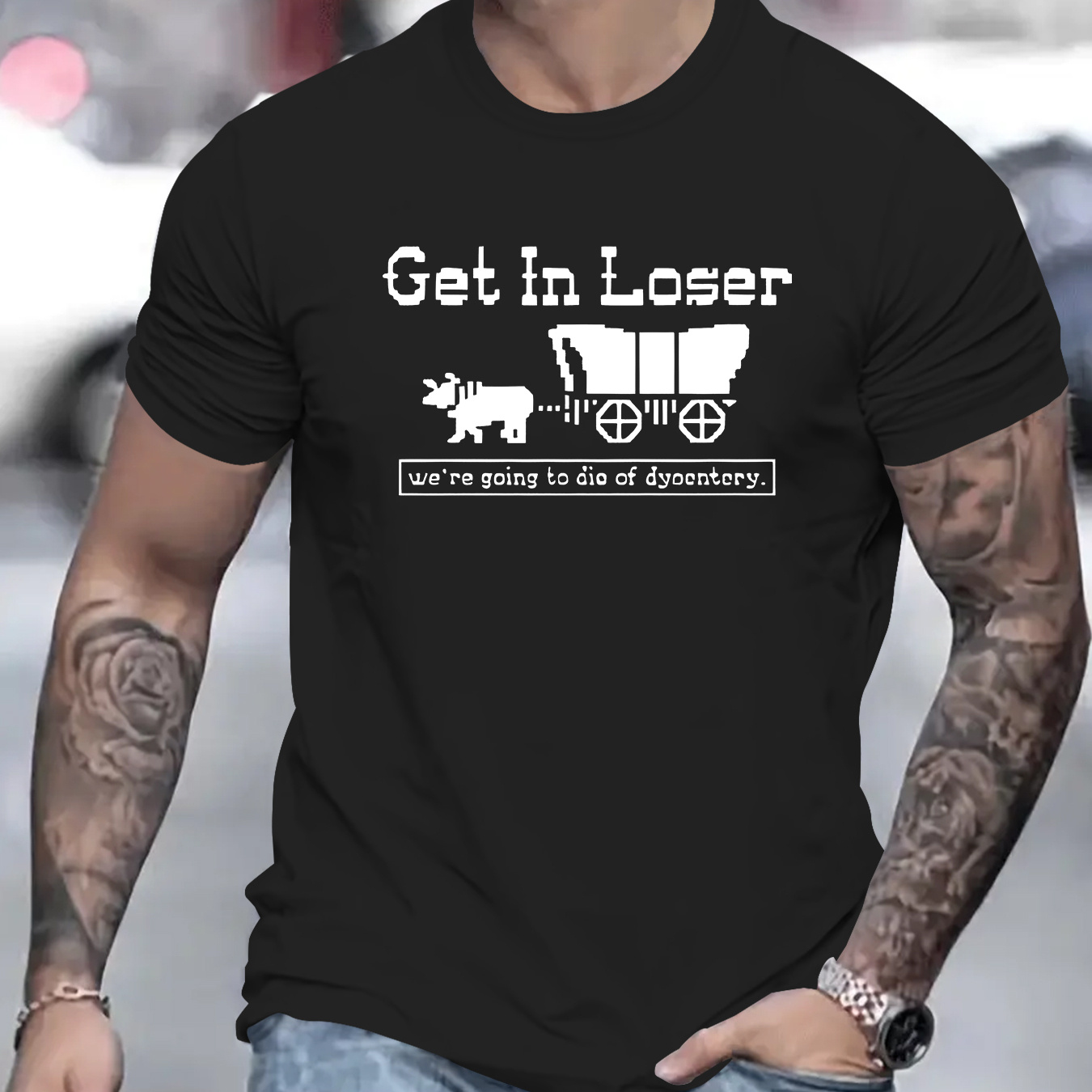 

Get In Loser Print, Men's Round Crew Neck Short Sleeve, Simple Style Tee Fashion Regular Fit T-shirt, Casual Comfy Breathable Top For Spring Summer Holiday Leisure Vacation Men's Clothing As Gift