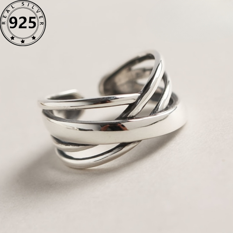 

S925 Sterling Silver Multi-layered Irregular Ring For Women, Adjustable Opening, Gorgeous Retro Style Silver Glossy Cross Hollow Versatile Ring 3.9g/0.14oz