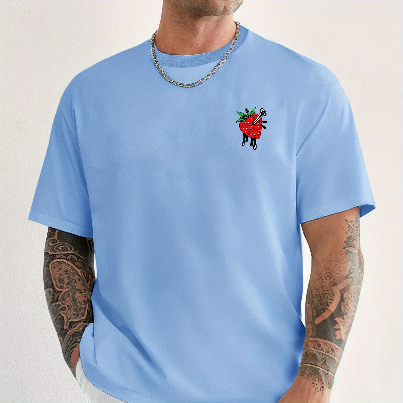 

Men's T-shirt, Strawberry Graphic Print Short Sleeve Crew Neck Tees For Summer, Casual Outdoor Comfy Clothing For Male