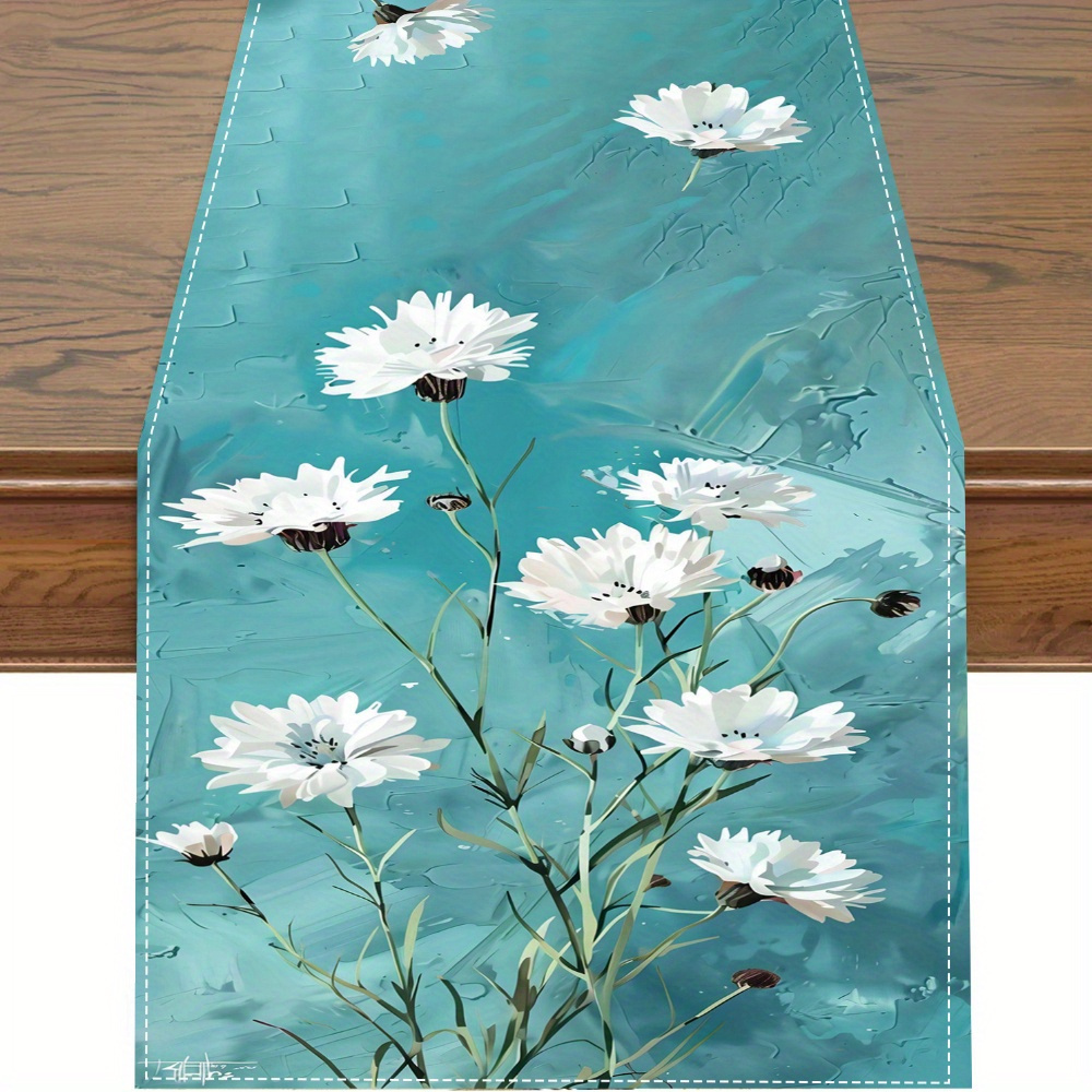 

Floral Table Runner For Kitchen Dining Outdoor Party Decoration - Rectangle Polyester Linen Table Flag With White Flowers Pattern, Woven Table Cover For Decor - 90/140/183cm Length Options