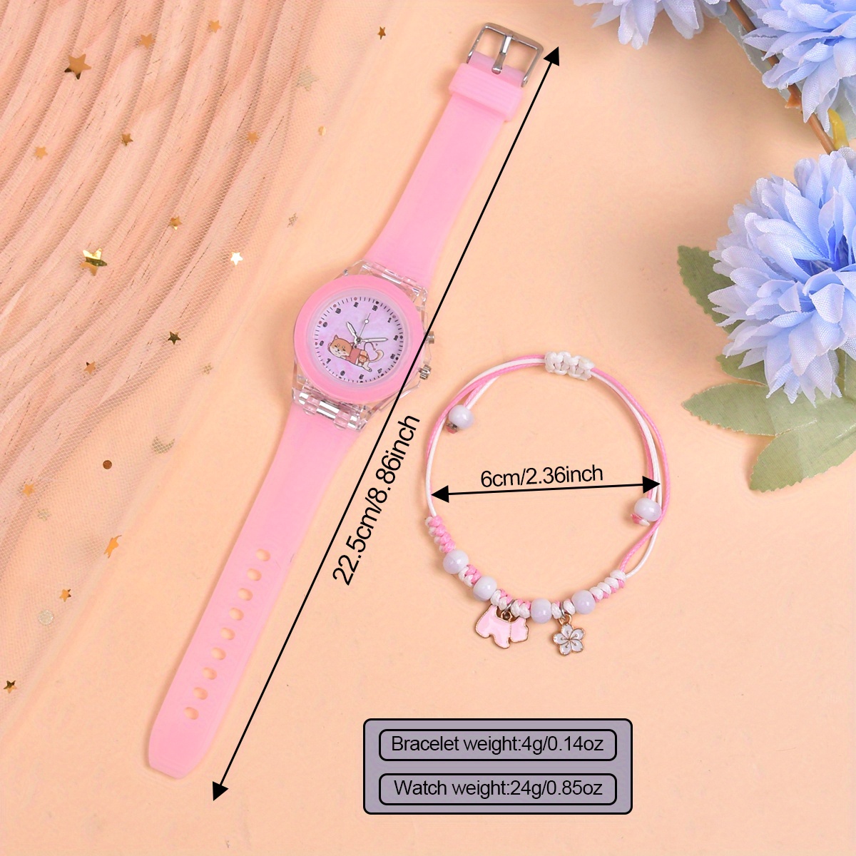2pcs set girls cartoon cat puppy led luminous quartz wrist watch adjustable braided bracelet