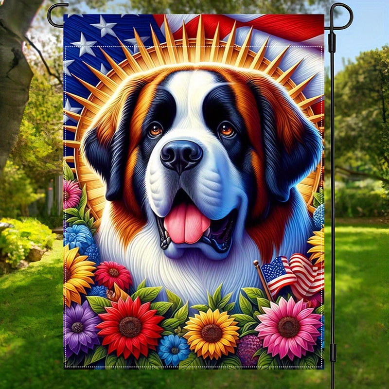 

1pc, Patriotic Saint Bernard Dog Garden Flag, 12x18 Inches, 4th Of July Independence Day Burlap Banner, Double-sided, Weatherproof, Washable, Outdoor Decor, Farmhouse Style, American Us Flag Design