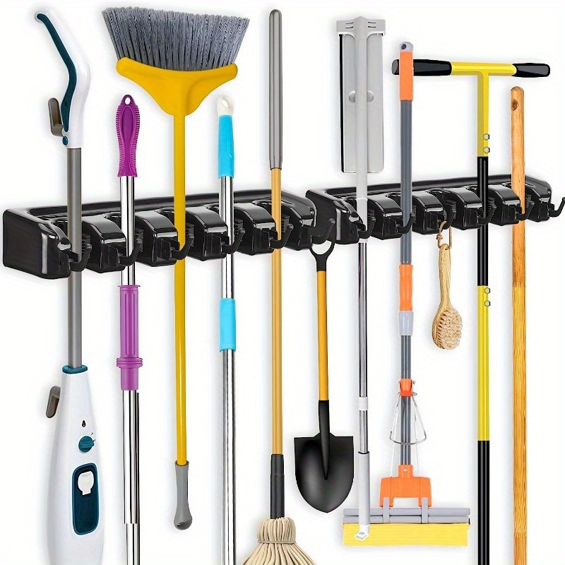 

Wall Mounted Broom & Mop Holder With 5 Clamps And 6 Hooks - Plastic Organizer For Garage, Garden, Home, And Commercial Use