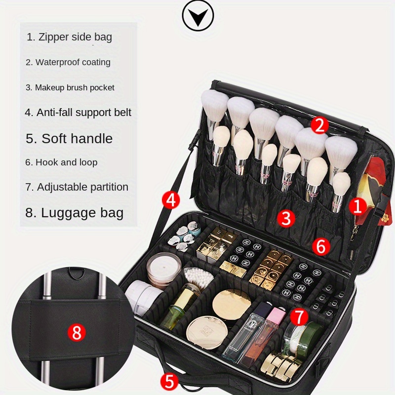 everyday   large capacity waterproof makeup bag quilted travel cosmetic organizer for brushes beauty tools and manicure accessories portable artist storage case with multiple compartments beauty tool organizer stylish artist case waterproof interior lining cosmetic bag Product details 1
