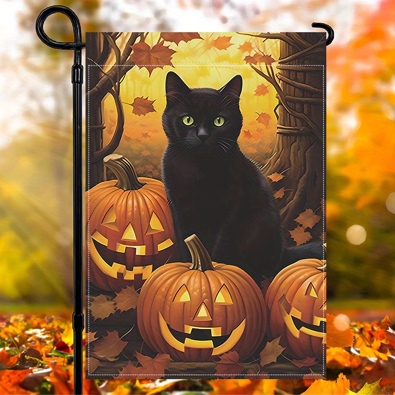 

Happy Halloween Black Cat & Pumpkin Garden Flag - Double-sided, Waterproof Burlap Outdoor Decor For Lawn And Porch, 12x18 Inches