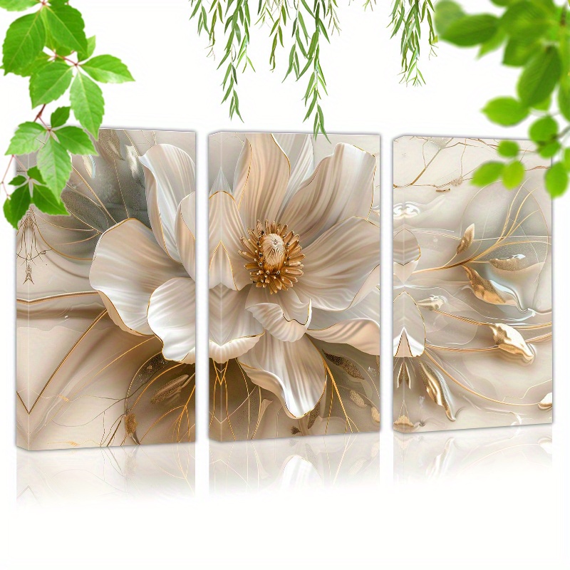 

Framed Set Of 3 Canvas Wall Art Ready To Hanglarge Flower With White Golden Translucent Petals (2) Wall Art Prints Poster Wall Picrtures Decor For Home