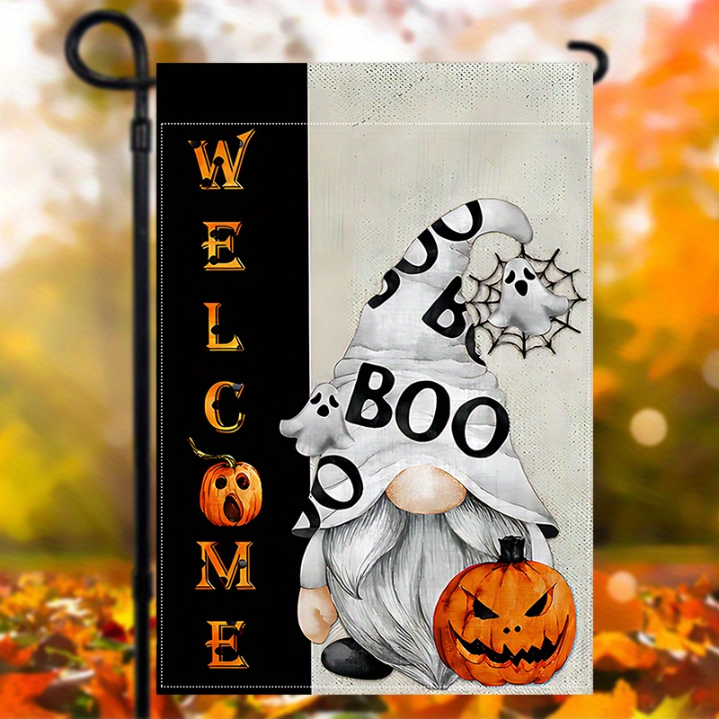 

1pc, Fall Halloween Gnome Garden Flag, Autumn Pumpkin Flag, Hey Boo Flags, Outdoor Lawn Decor Porch Sign Vertical Burlap Banner Double Sided Waterproof House Flag 12*18inch