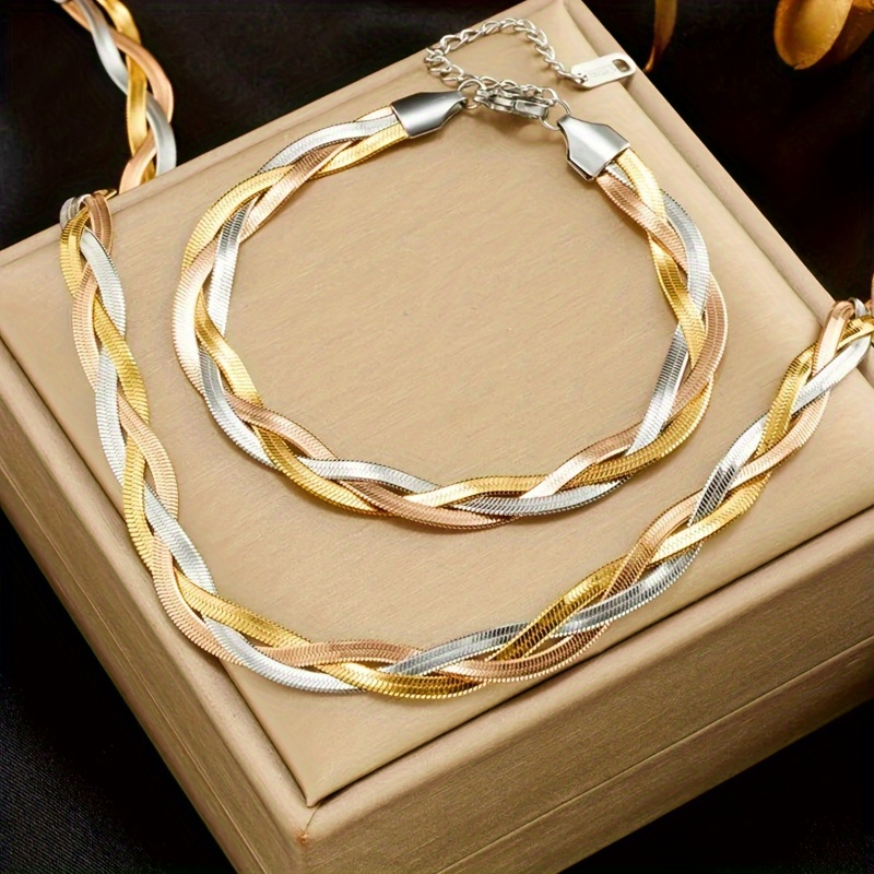 

1 Necklace+1 Bracelet Stainless Steel Jewelry Set Retro Hip-hop Style Snake Bone Chain Personality Fried Dough Twists Braided Necklace Strand Braided Bracelet For Men And Women Gifts