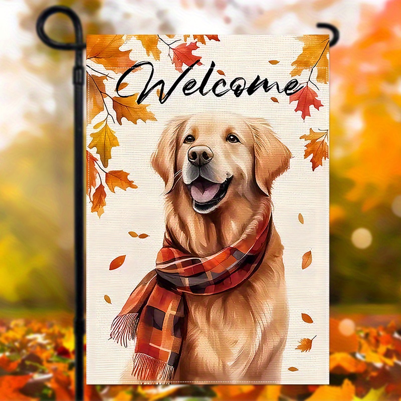 

1pc, Welcome Fall Garden Flag, Golden Retriever Buffalo Plaid Print House Flag, Autumn Farmhouse Yard Lawn Decor Vertical Burlap Small Banner Double Sided Waterproof Flag 12x18inch