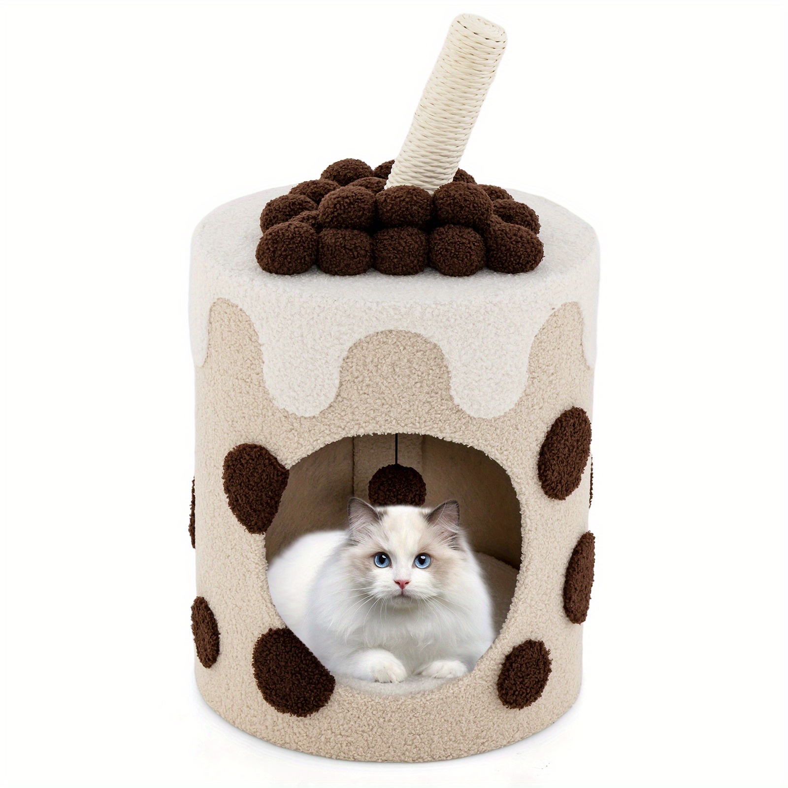 TEMU Costway Bubble Tea Cat Tree Tower With Scratching Post Dangling Ball Toy Coffee Beige