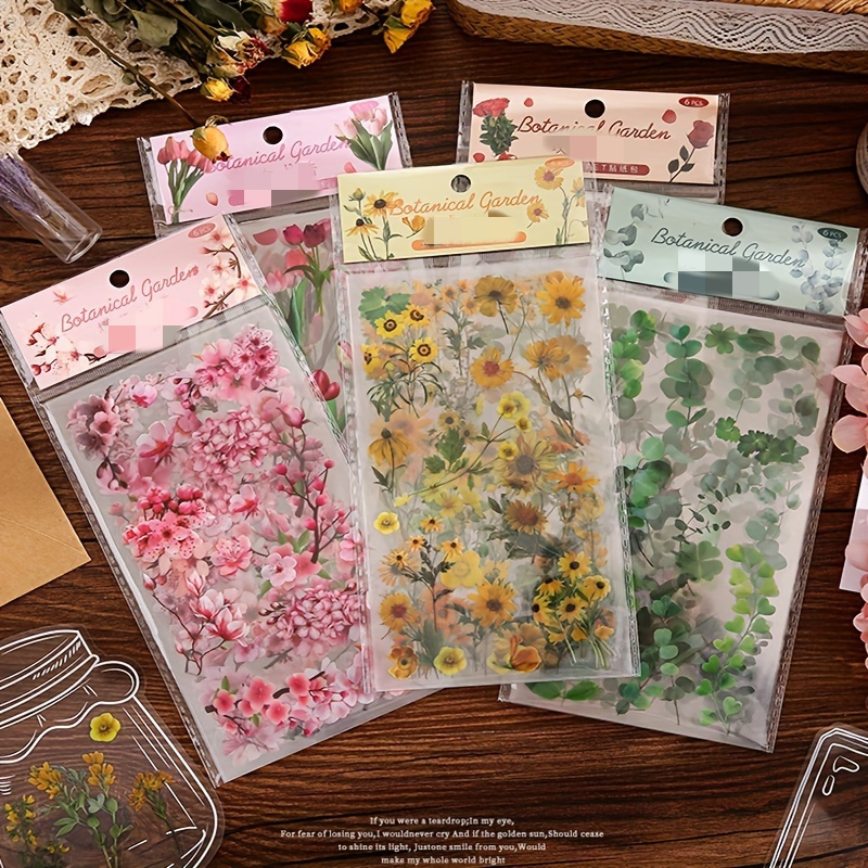 

1pack/6pcs Decorative Stickers Retro Plant Flower Series Sticker Waterproof Transparent Pet Scrapbook Deco Material Stickers