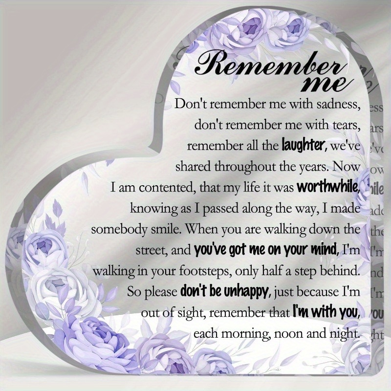 

1pc, Remember Me Sign Sympathy Gifts For Loss Of Loved 1 Bereavement Decor Sign, Memorial Gifts For Loss Of Mother Father Condolence Acrylic Plaque With Remembrance Quote