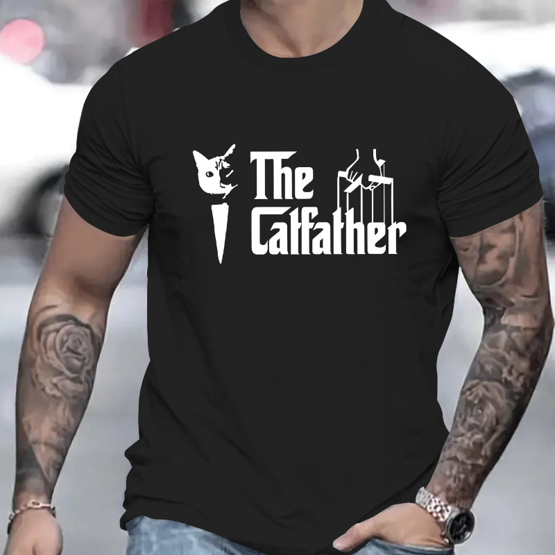 

the Catfather" Print Men's Casual Crew Neck T-shirt, Fashionable Short Sleeve Tees, Fit Top, Leisurewear, Outdoor Sports Clothing