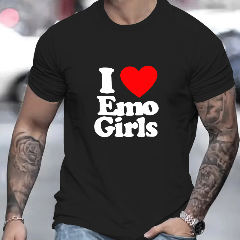 

Men's I Love Emo Girls Graphic Print T-shirt, Summer Trendy Athletic Short Sleeve Tees For Males, Stylish Casual Style
