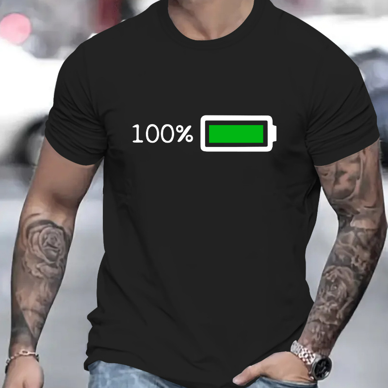 

Men's Battery Graphic Print T-shirt, Summer Trendy Athletic Short Sleeve Tees For Males, Stylish Casual Style
