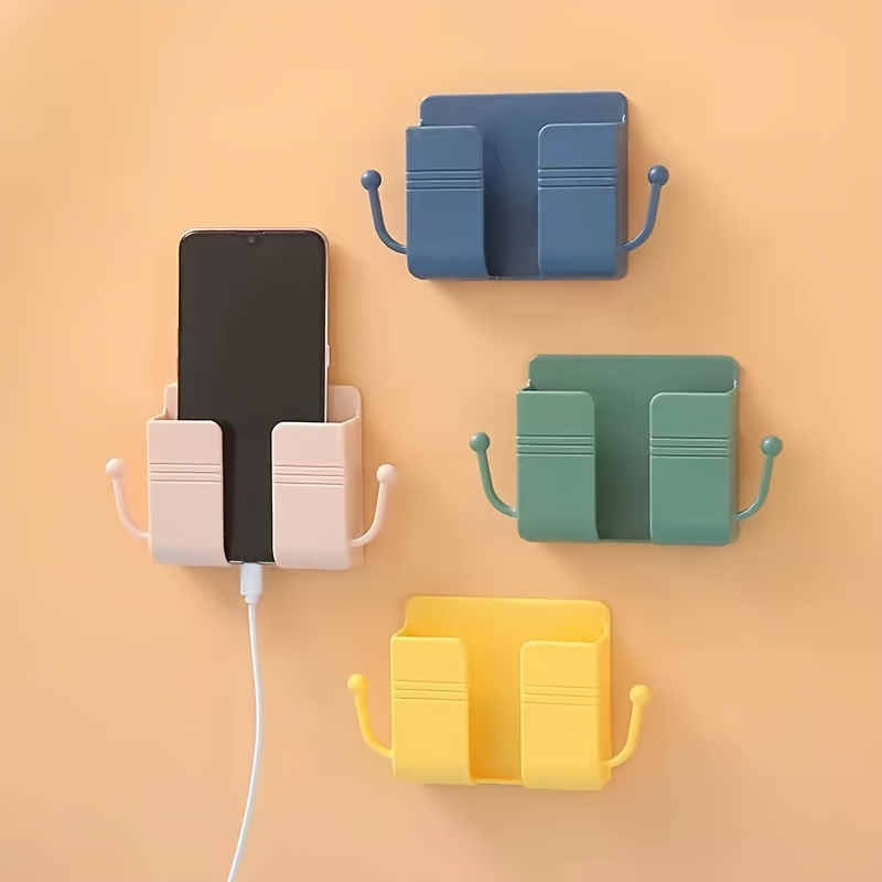 

Adhesive Wall Mount Phone Holder With Hooks - 1pc Storage Box For Mobile Phone, Remote Control, Bedroom, Kitchen, Bathroom, Office - Artistic Craft Storage Organizer