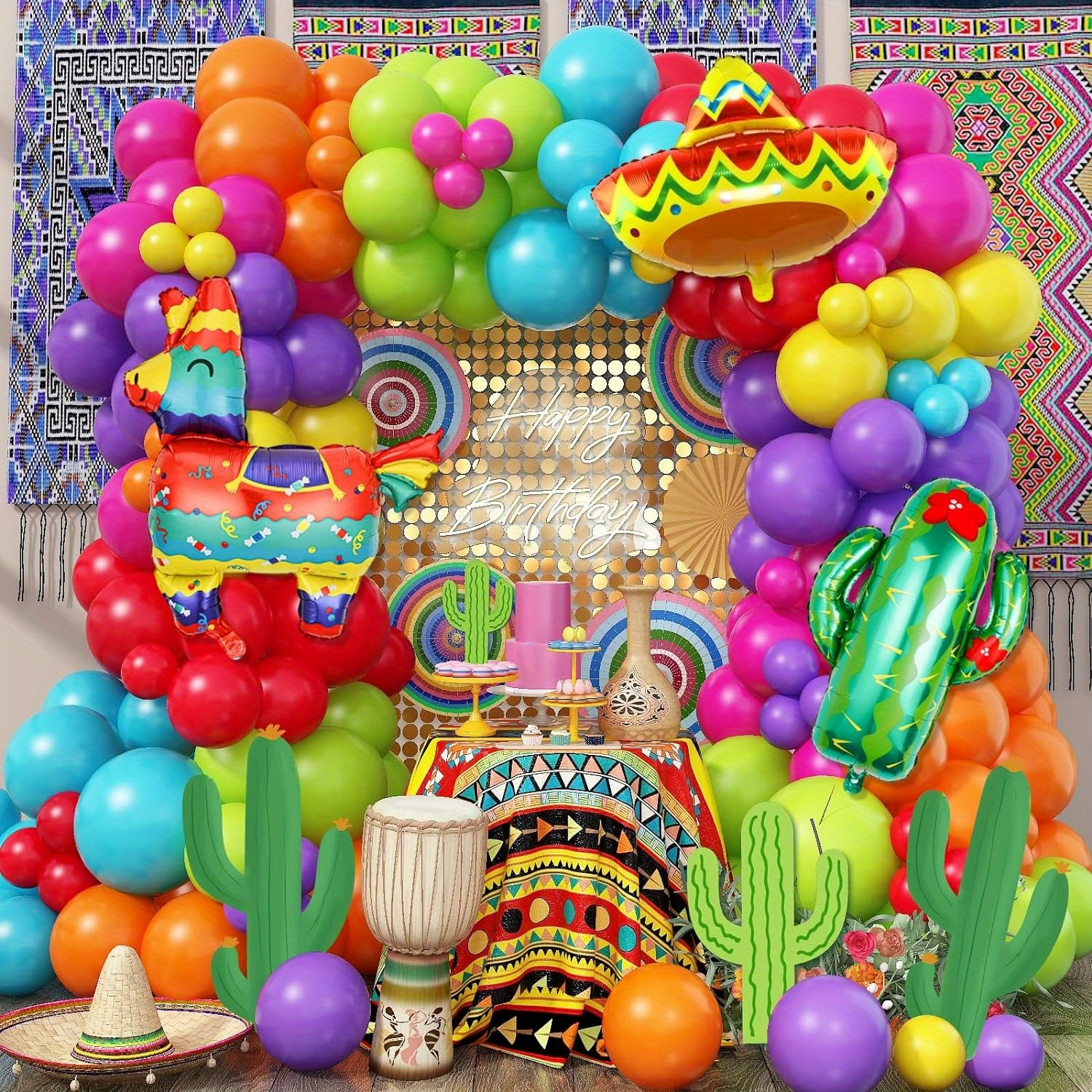 

120pcs, Vibrant Mexican Fiesta Party Kit - Lively Balloon Arch With Cactus, Llama, Pinata Designs - Perfect For Cinco De Mayo, Taco Bars, Birthdays & Themed Celebrations