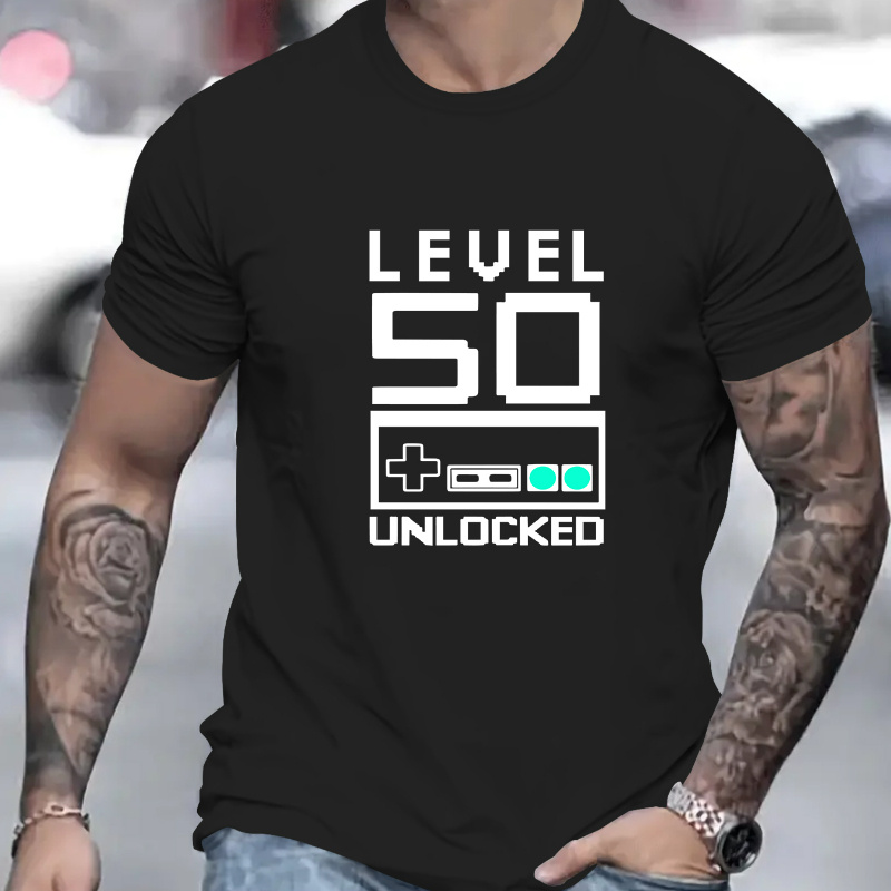 

level 50 Unlocked" Print Men's Casual Crew Neck T-shirt, Fashionable Short Sleeve Tees, Comfort Fit Top, Leisurewear, Outdoor Sports Clothing