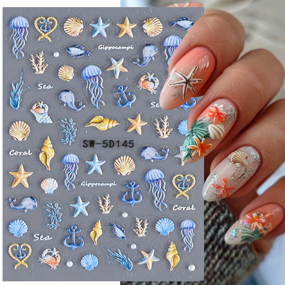 

5d Embossed Ocean Life Nail Art Stickers Decals - Self-adhesive Glitter Plastic Sea Creature Designs For Summer Manicure, Single Use, Shimmery Fantasy Animal Print, Unscented Rectangle Shape