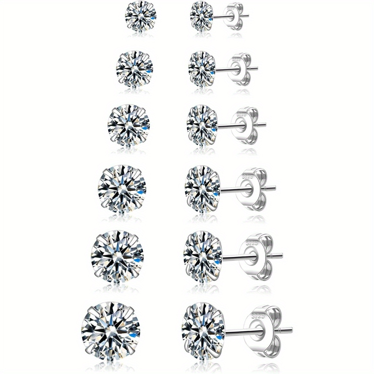 

6 Pairs Of 925 Sterling Silver Stud Earrings Set Anti-allergy Small Stud Earrings With Cubic Zirconia Earrings For Women 2mm-7mm
