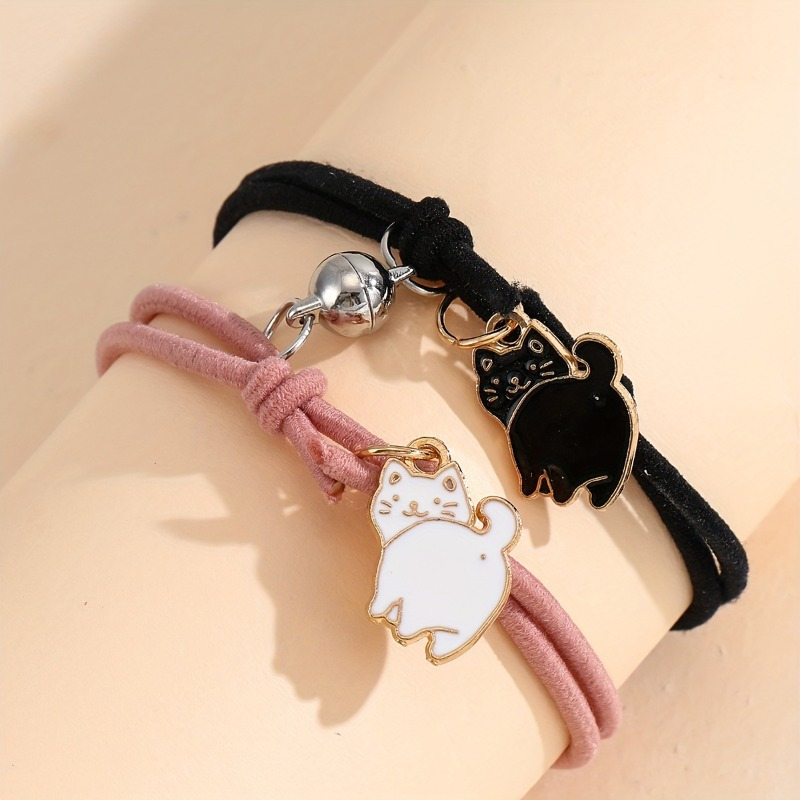 

2pcs Black And White Cat Couple Bracelet, Adjustable Braided Bracelet Set