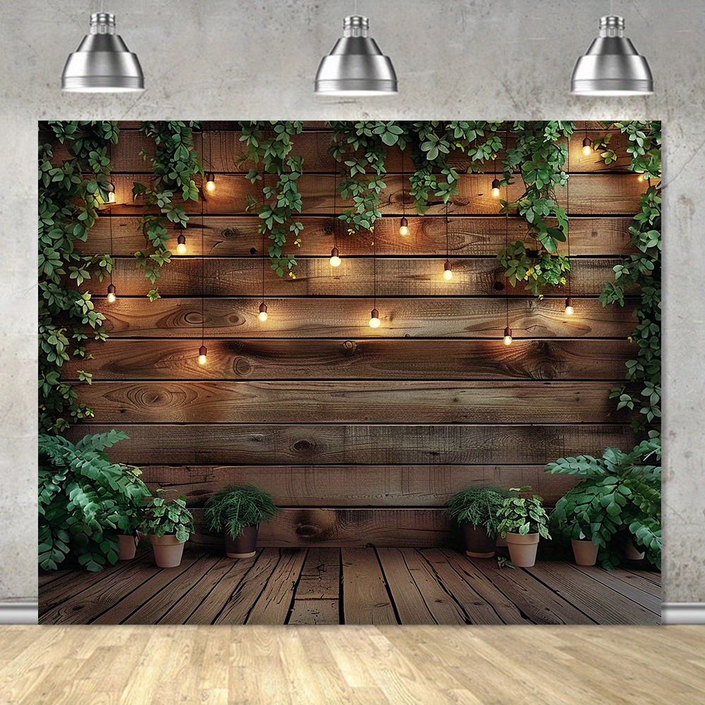 

Rustic Vintage Wooden Board Backdrop With Green Leaves - Polyester, No Power Needed - Perfect For Birthday Parties & Events, Available In 3 Sizes (39x59in, 70.8x90.5in, 94.5x118.1in)