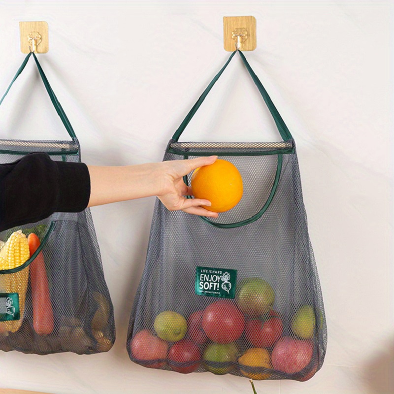 versatile kitchen storage mesh bag wall mounted breathable organizer for fruits vegetables   saving design details 3