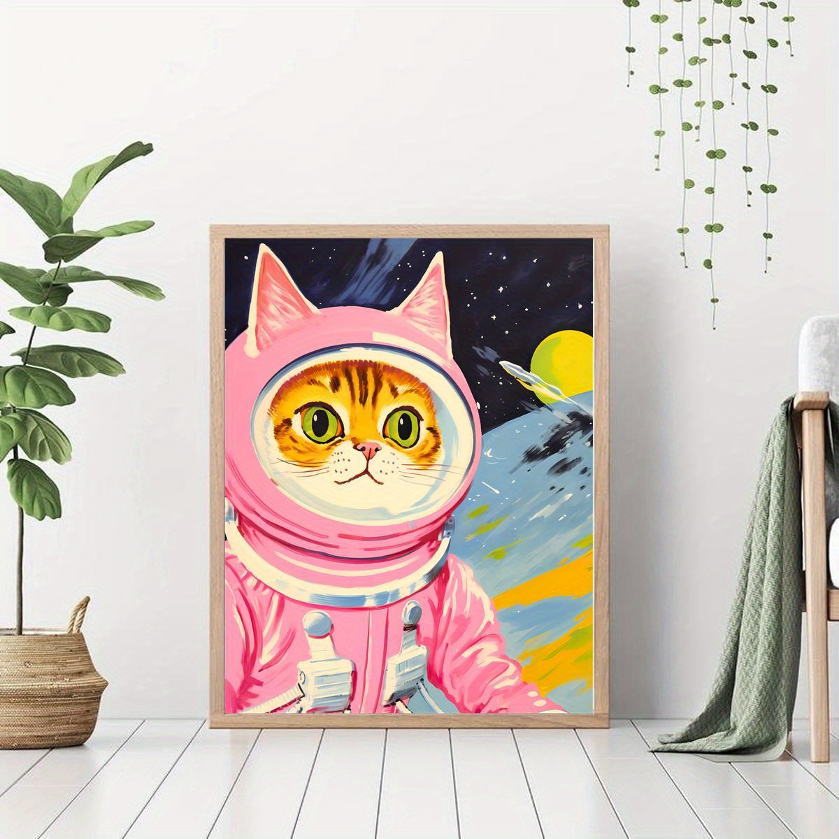 

Retro Pink Cat Astronaut Canvas Art Print - Colorful & Cute Whimsical Space Wall Decor For Living Room, Bedroom, Home Office - Unframed Modern/classic Animal Theme Poster