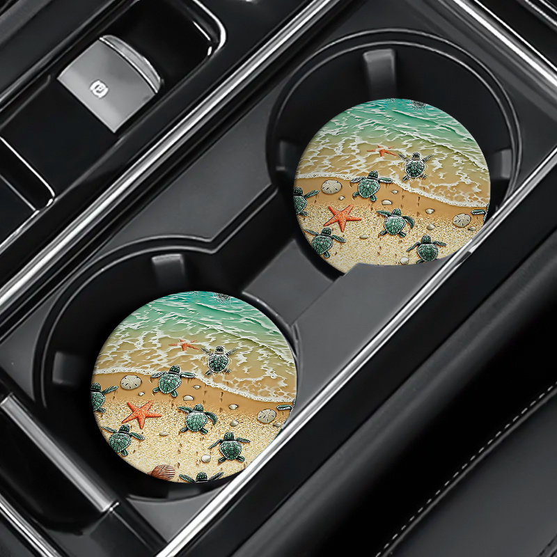 

2pcs Beach Car Cup Holder Coasters, 2.75" Eva Foam, Ocean Scene Design With Sea & Starfish, Vehicle Interior Decoration, Unique Summer Gift