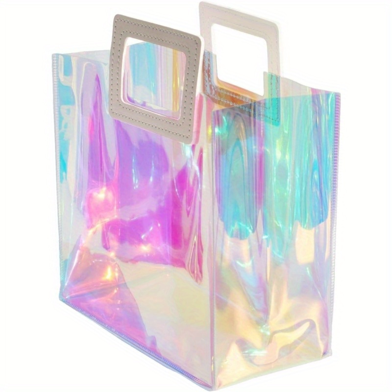 

1pc Iridescent Tote Gift Bag With Handle, Reusable Small Shopping Bag, Clear Party Favor Craft Bag For Birthday, Wedding, Christmas For Ladies