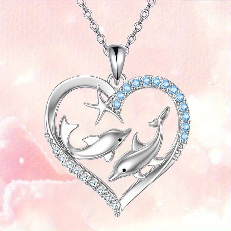 

Elegant Dolphin Heart Pendant Necklace With Rhinestone Accents, Royal Style Alloy Jewelry With Starfish Detail, Versatile Accessory For Daily Wear & Banquets, Ideal Christmas Gift For Her