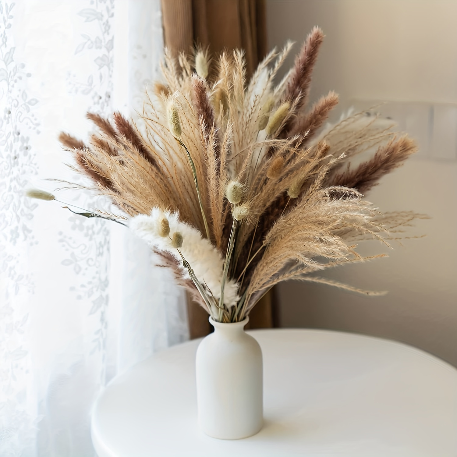 

60-piece Boho Chic Pampas Grass Decor Set - 17" Fluffy Dried Flowers For Home, Bedroom, Bathroom, Wedding, And Baby Shower Flower Bed Decor Flower Graden Decor