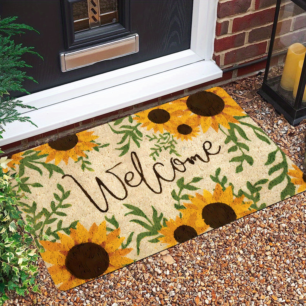 

floral Charm" Sunflower Welcome Home Door Mat - Non-slip, Stain-resistant Polyester Rug With Plush Flannel Top & Sponge Backing For Laundry, Bathroom, Dining Decor