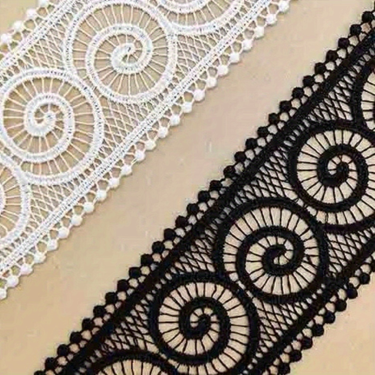 

3 Yards Elegant Water-soluble Embroidered Lace Trim, Geometric Circle Pattern, Fine Thread Polyester Ruffle For Women's Cuffs - Black & White, Lace Fabric